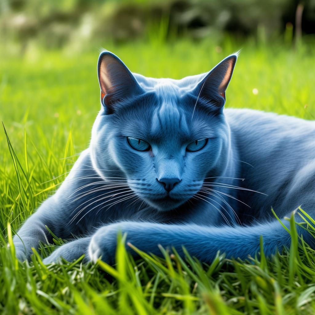 a blue cat on grass
